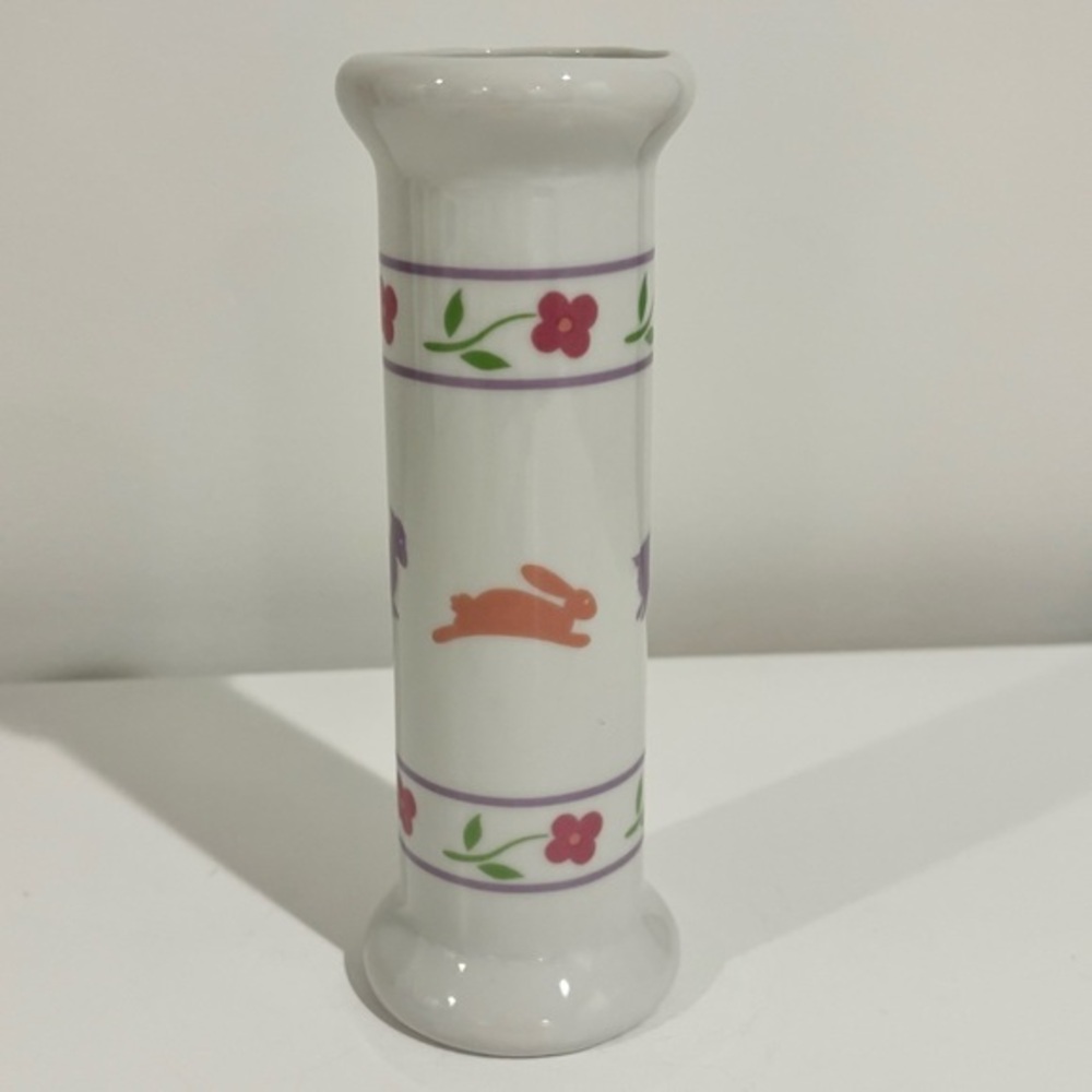 Vintage FTDA Easter ceramic flower vase white glaze & pink made in Japan 1988